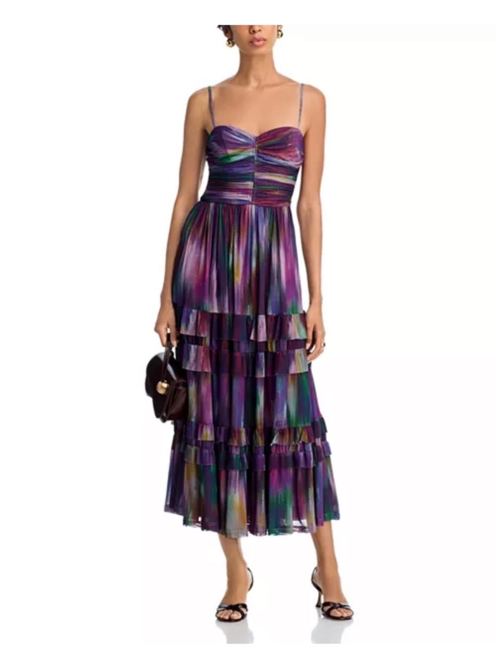 Aqua Purple Multi-Color Spaghetti-Strap Tiered Midi Dress